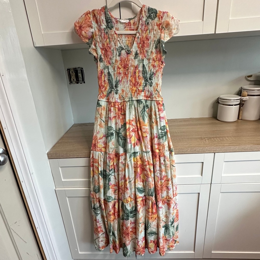 By The River Maxi Dress Womens M Floral Smocked Tiered Flutter Sleeve Vacation